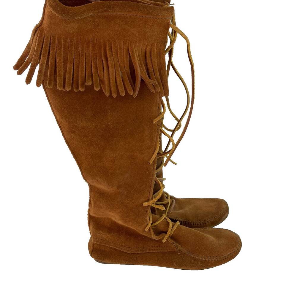 MINNETONKA Brown Genuine Suede Knee High Lace Up Moccasins Boots 7 CLASSIC